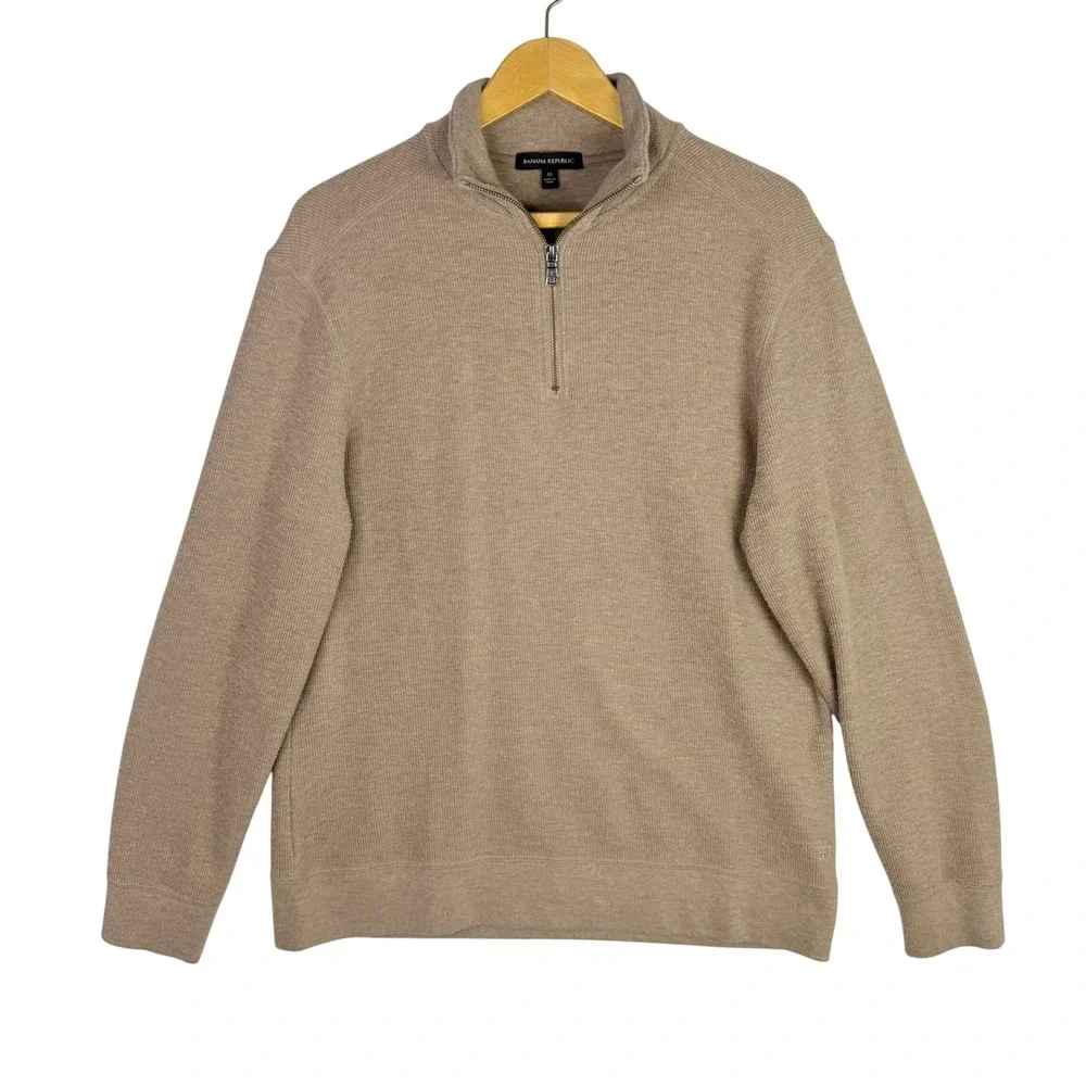 Banana Republic Mens Tan Khaki Waffle Knit Quarter Zip Pullover Sweater M